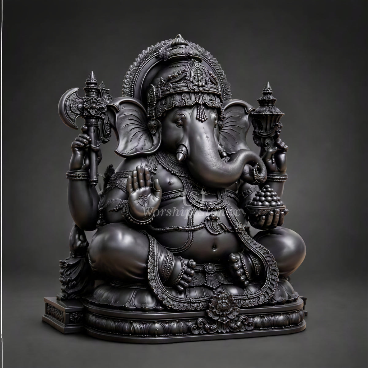 15 inch Premium Black Stone Lord Ganesha Statue with Lotus Base