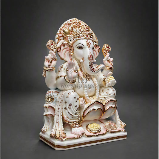6 inch to 24 inch Handcrafted White Makrana Marble Ganesha Statue with Gold Hand-Painted Detail