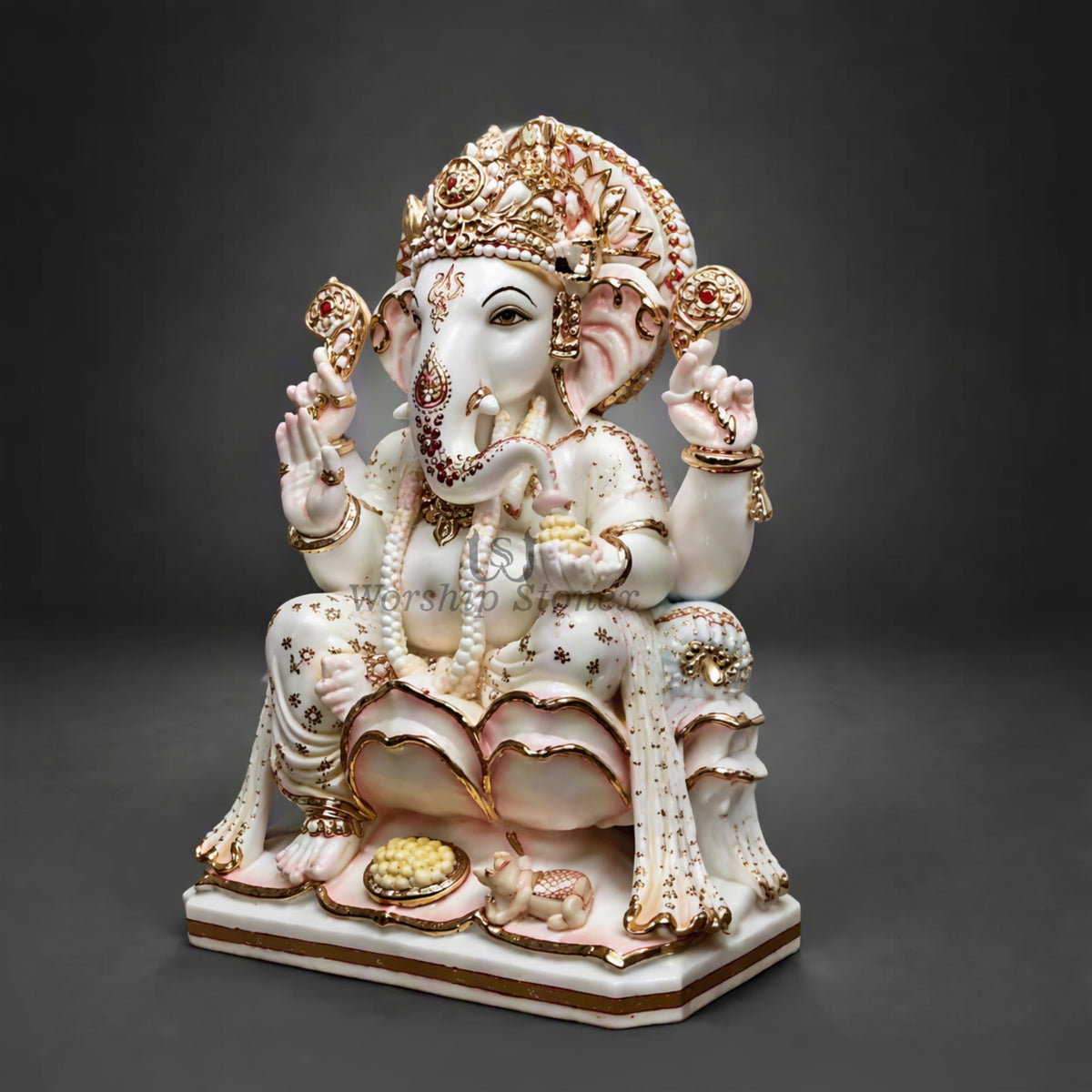 6 inch to 24 inch Handcrafted White Makrana Marble Ganesha Statue with Gold Hand-Painted Detail