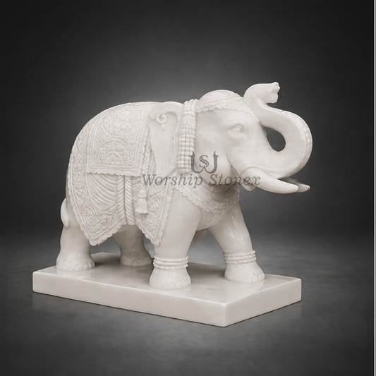 20 inch Royal Hand-Carved Vietnam White Marble Elephant Statue (Gaja)