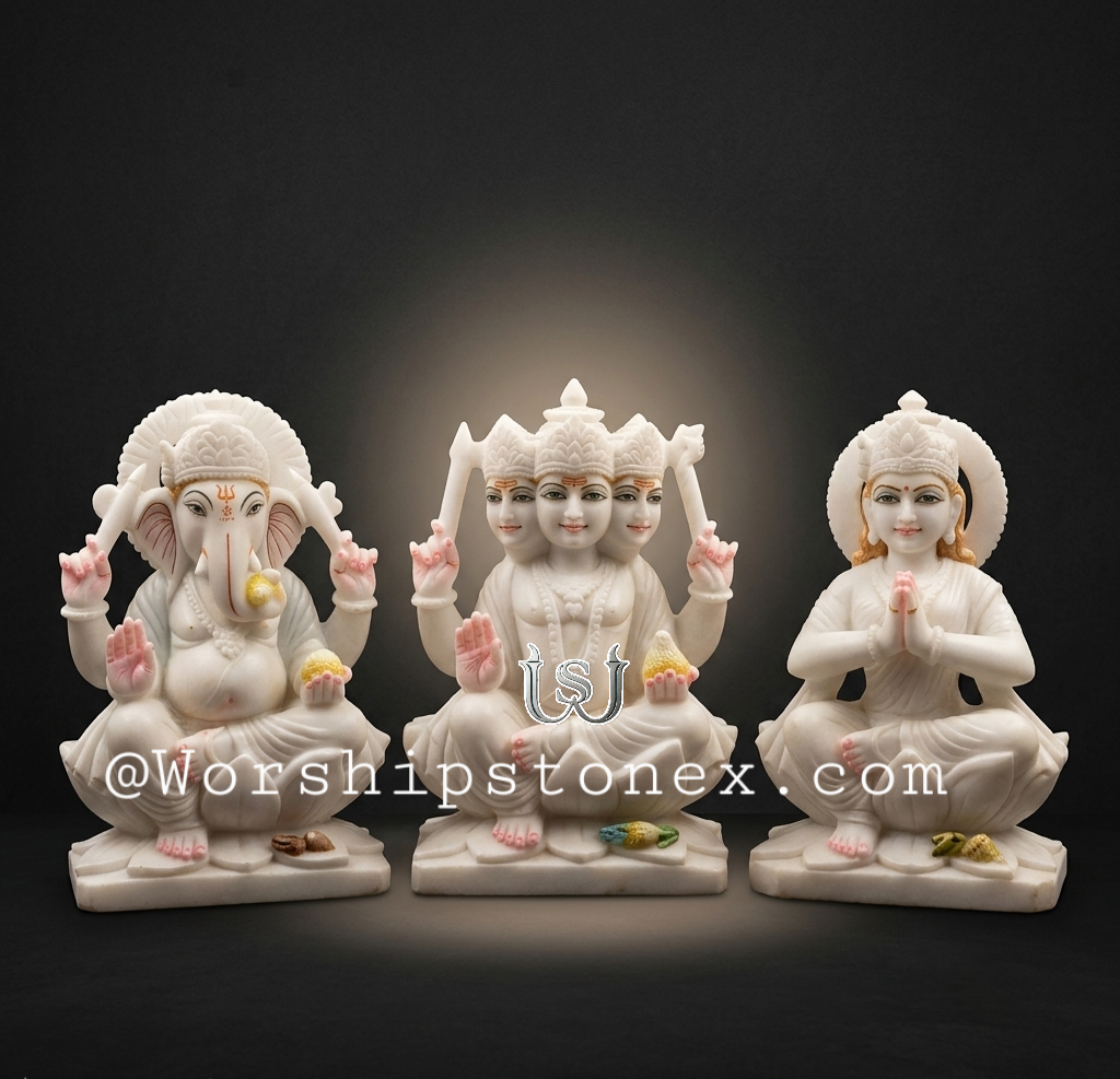 18 Inch Marble Ganesh Ji, Kartikeya Ji & Parvati Ji Murti Set