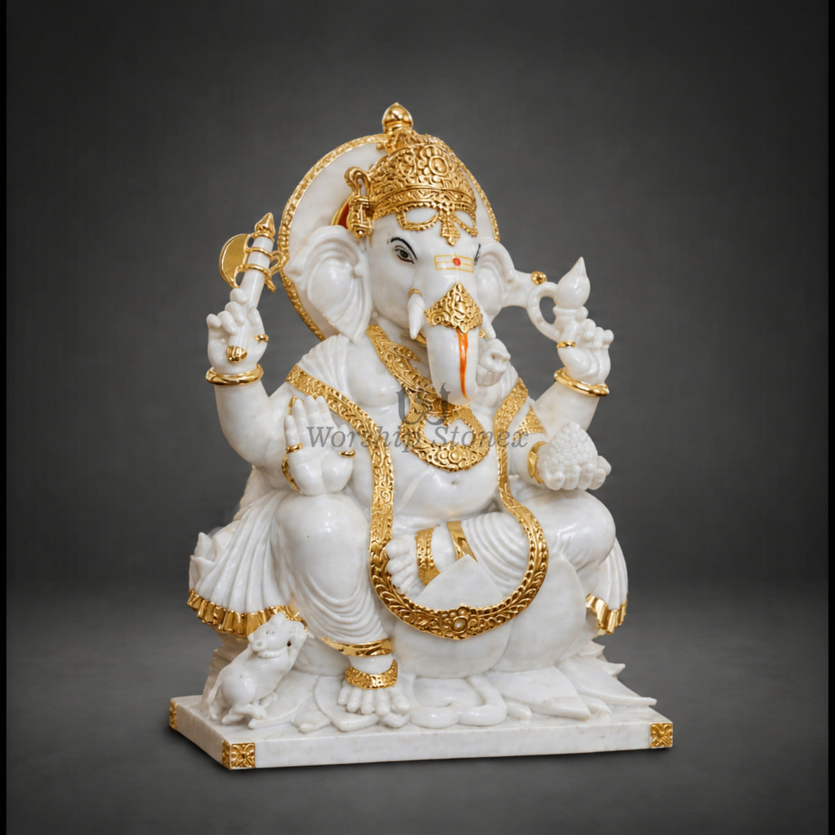 Vietnam White Marble Lord Ganesha Statue – Seated Lotus Vinayaka Idol with Royal Gold Work (Available in Sizes 12 to 36 Inches)