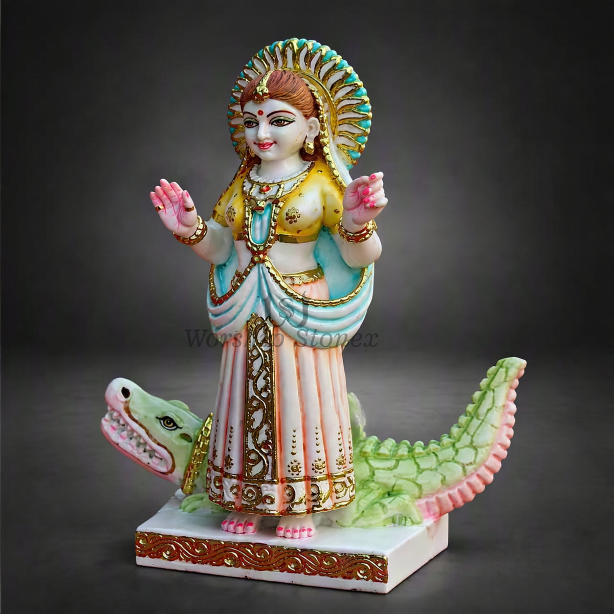 18 inch Vietnam White Marble Khodiyar Mata Statue – Standing Goddess Idol on Green Crocodile Vahana with Gold Work