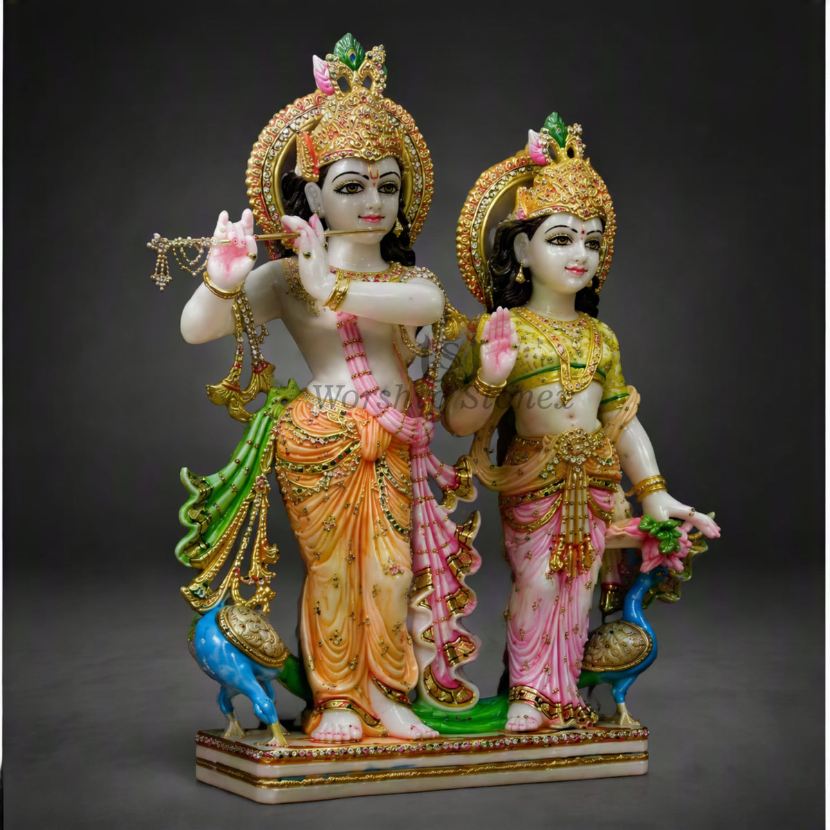 12 inch to 36 inch Pure White Vietnam Marble Radha Krishna Statue – Standing Divine Yugal Jodi Idol with Gold & Multicolor Painting