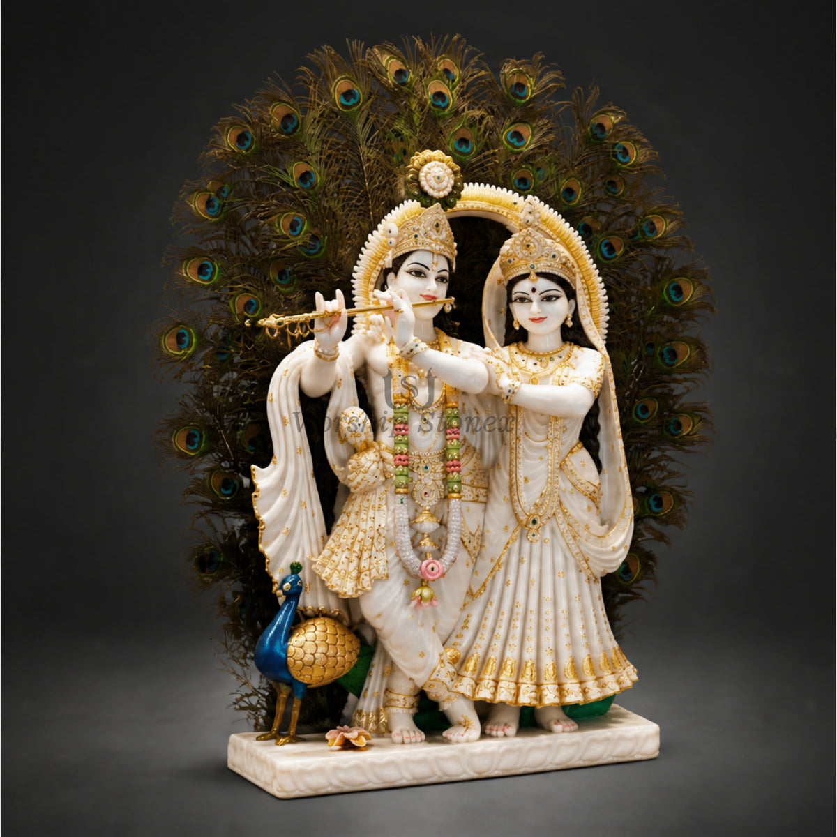 30 Inch Handcrafted Vietnam White Marble Radha Krishna Statue – Standing Pair Idol with Gold Ornamentation and Peacock Feather Backdrop