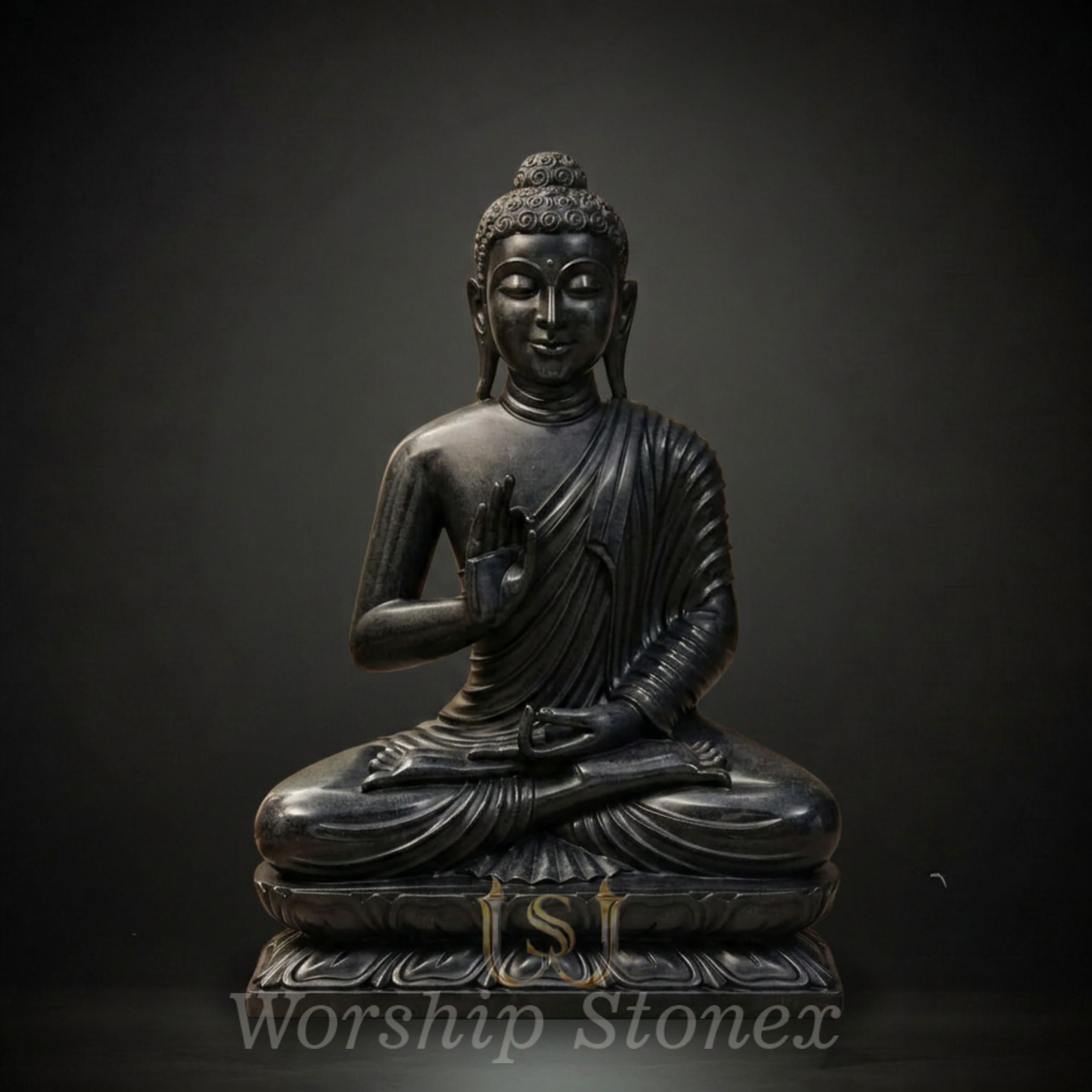 Hand-Carved Black Stone Meditating Buddha Statue (Abhaya Mudra)