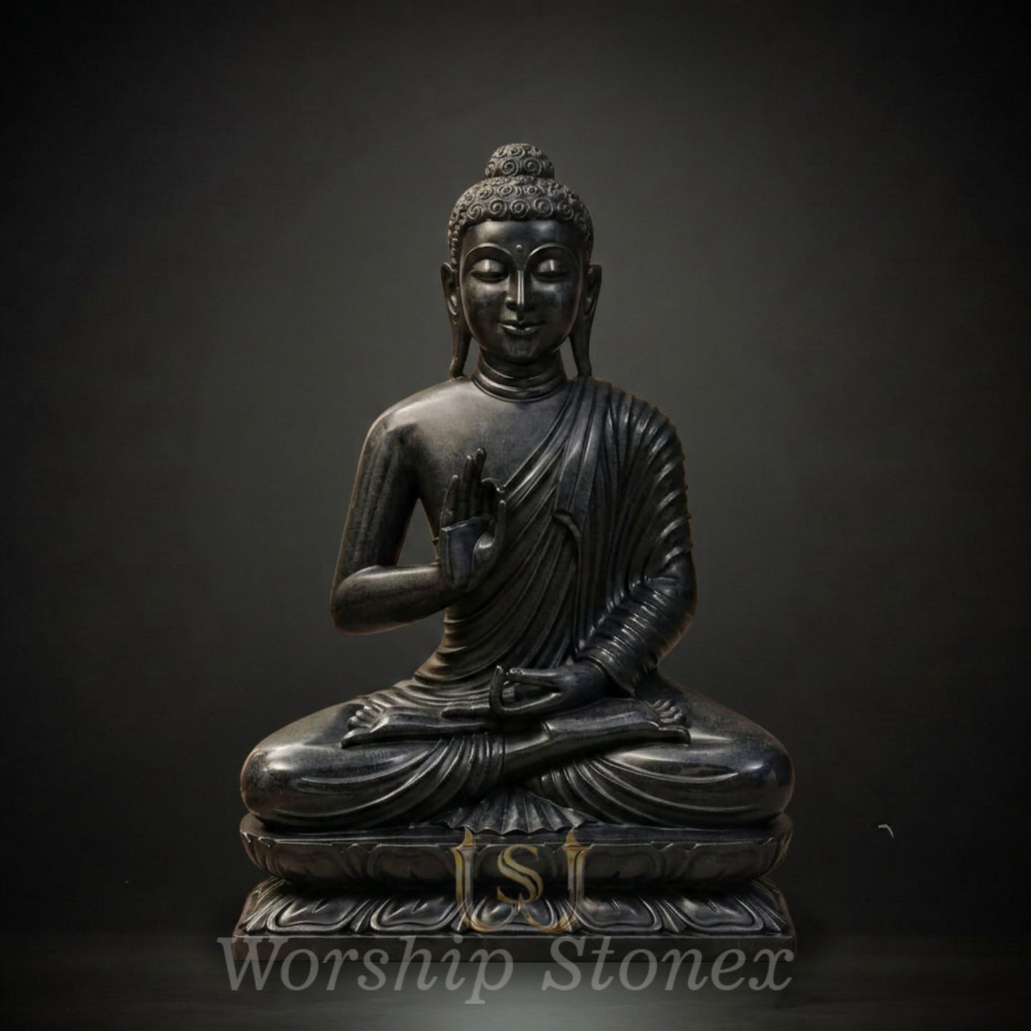 Hand-Carved Black Stone Meditating Buddha Statue (Abhaya Mudra)