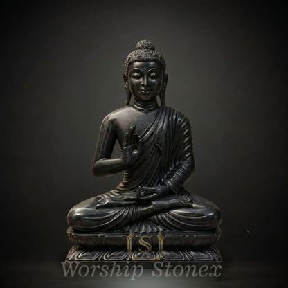 Hand-Carved Black Stone Meditating Buddha Statue (Abhaya Mudra)