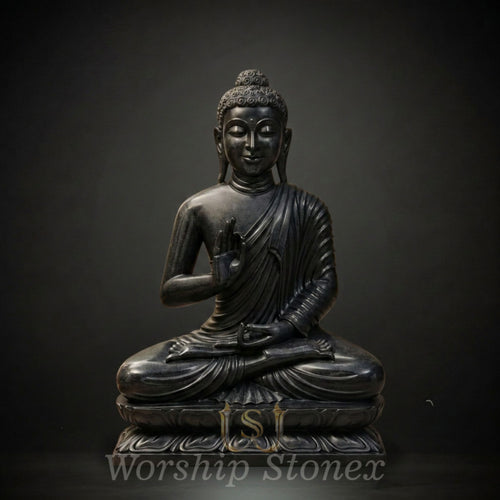 Hand-Carved Black Stone Meditating Buddha Statue (Abhaya Mudra)