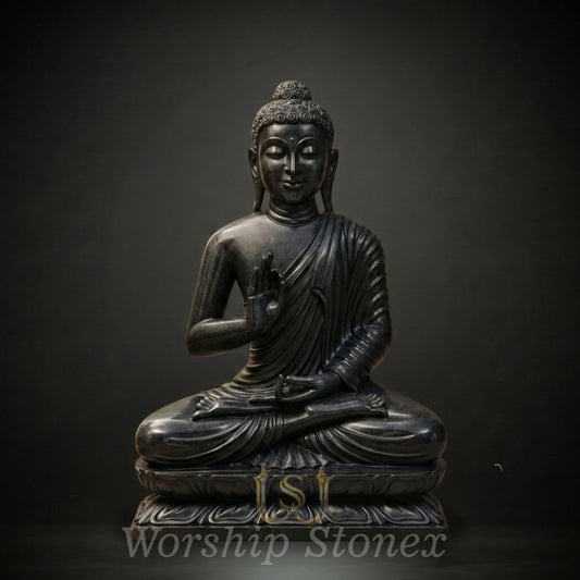 Hand-Carved Black Stone Meditating Buddha Statue (Abhaya Mudra)