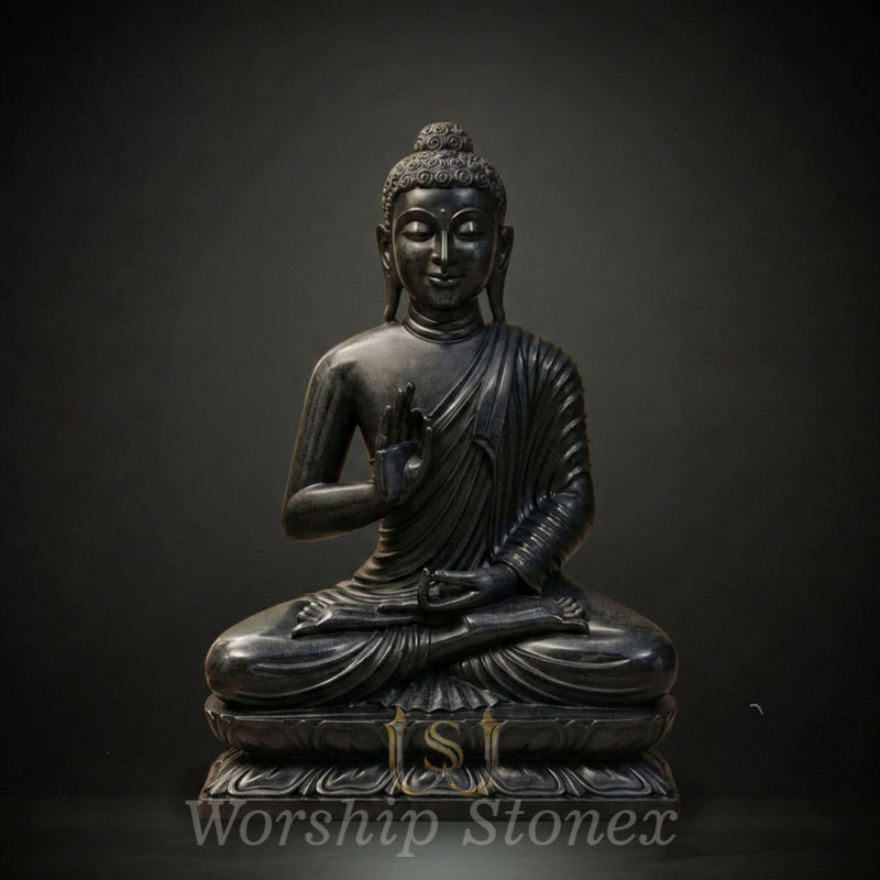 Hand-Carved Black Stone Meditating Buddha Statue (Abhaya Mudra)