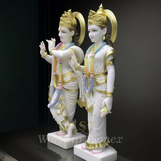 Premium White Marble Radha Krishna Statue Set with Golden Work – Elegant Hand-Painted Divine Jugal Jodi Idols for Home Mandir & Gifting