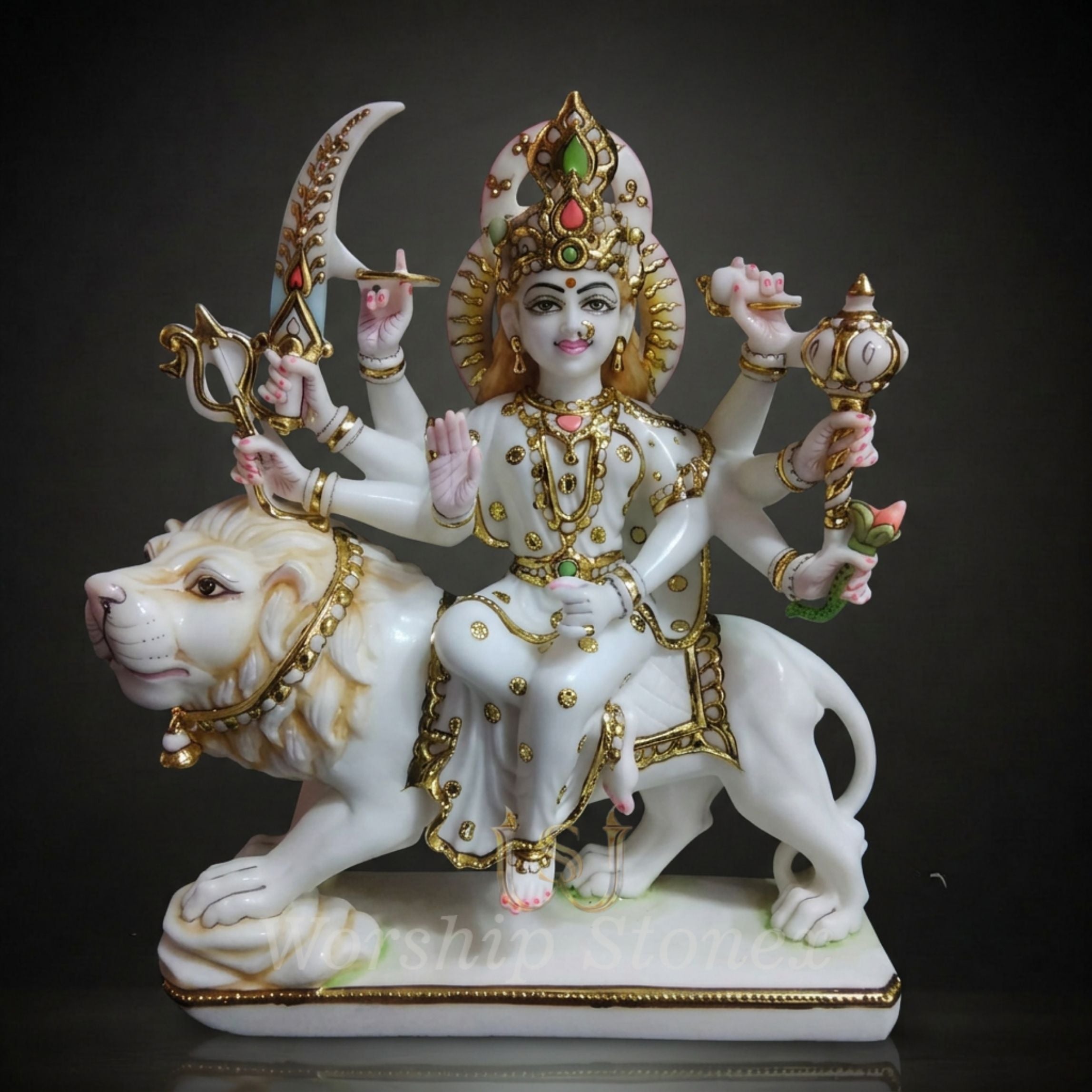 White Marble Durga Maa Riding Lion Statue with Intricate Gold Work