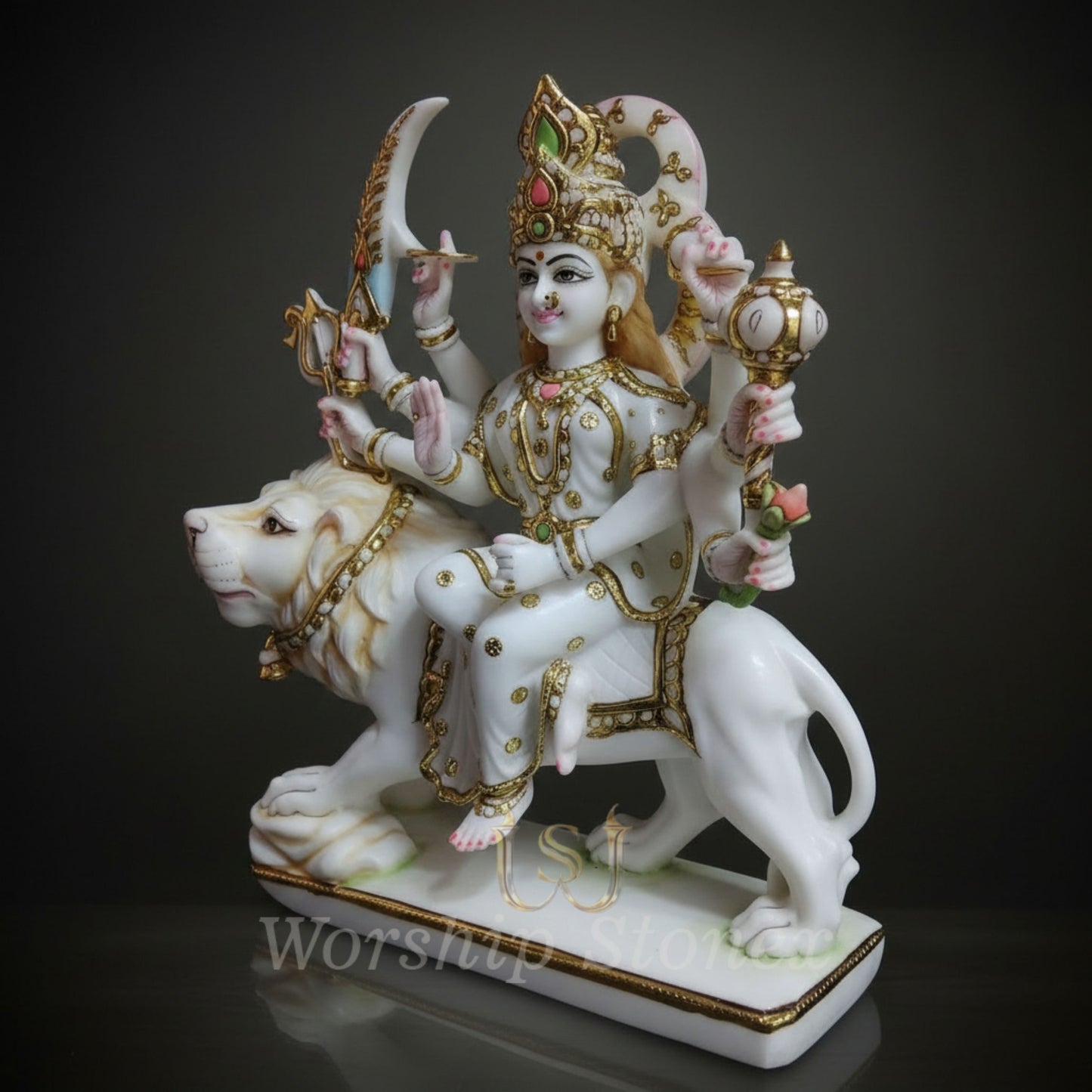 White Marble Durga Maa Riding Lion Statue with Intricate Gold Work