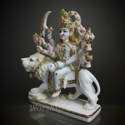 White Marble Durga Maa Riding Lion Statue with Intricate Gold Work