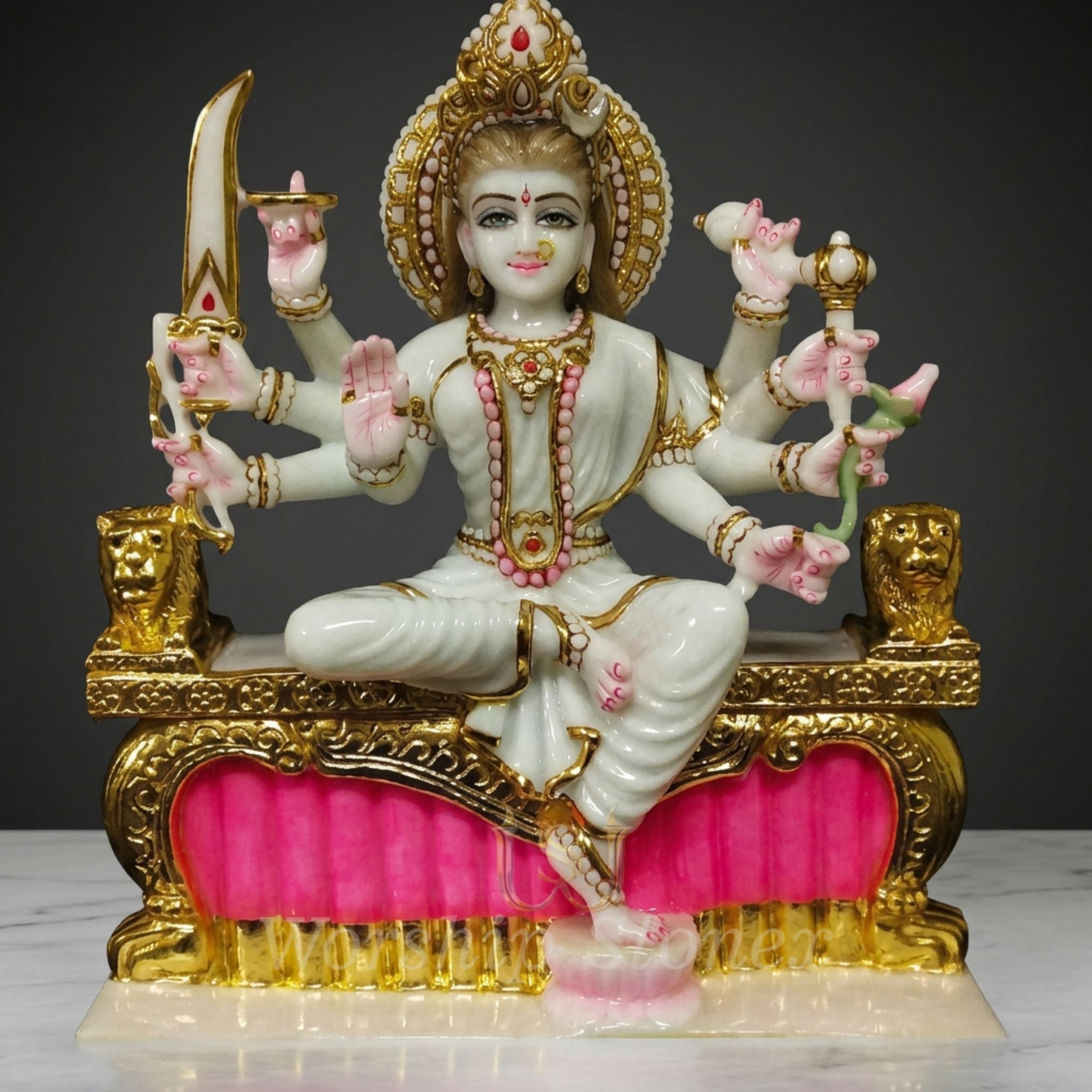 Handcrafted White Marble Durga Maa Simhasana Statue with Gold and Pink Highlights