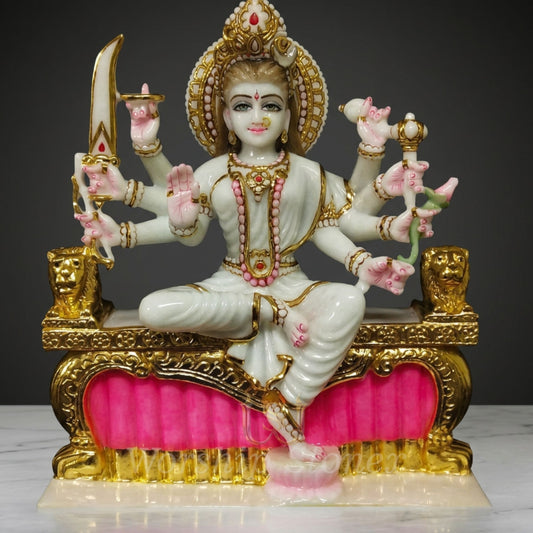 Handcrafted White Marble Durga Maa Simhasana Statue with Gold and Pink Highlights