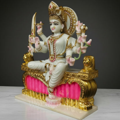 Handcrafted White Marble Durga Maa Simhasana Statue with Gold and Pink Highlights