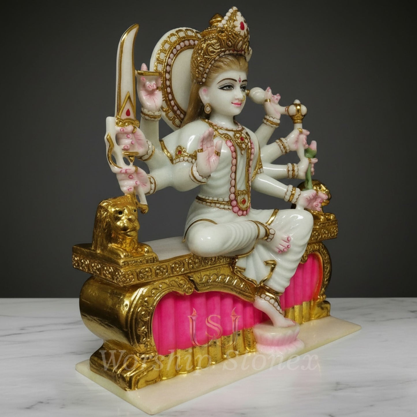 Handcrafted White Marble Durga Maa Simhasana Statue with Gold and Pink Highlights