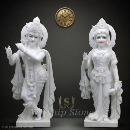 Pure White Marble Radha Krishna Statue Set (Minimalist Temple Style)