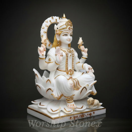 White Marble Goddess Lakshmi Statue with Gold Highlights