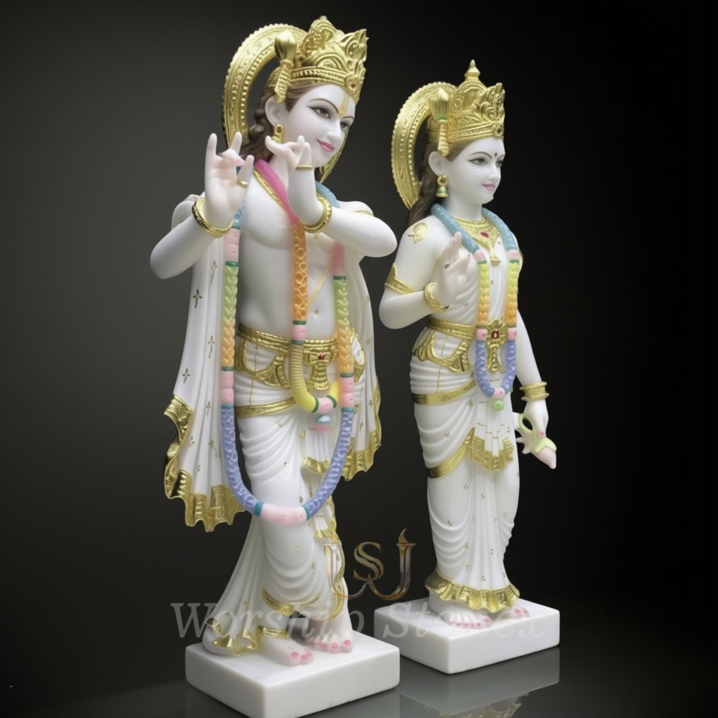 Premium White Marble Radha Krishna Statue Set with Golden Work – Elegant Hand-Painted Divine Jugal Jodi Idols for Home Mandir & Gifting