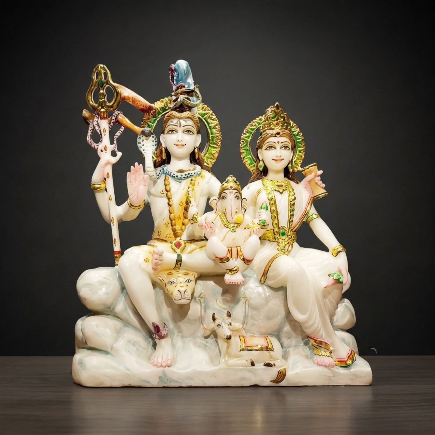 Divine White Marble Lord Shiva Family Statue with Ornate Handcrafted Detailing