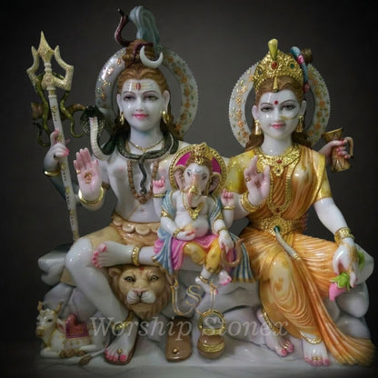 White Marble Shiv Parivar Statue with Elegant Golden Detailing