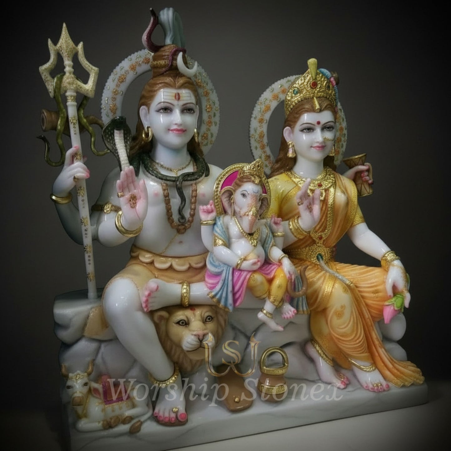 White Marble Shiv Parivar Statue with Elegant Golden Detailing