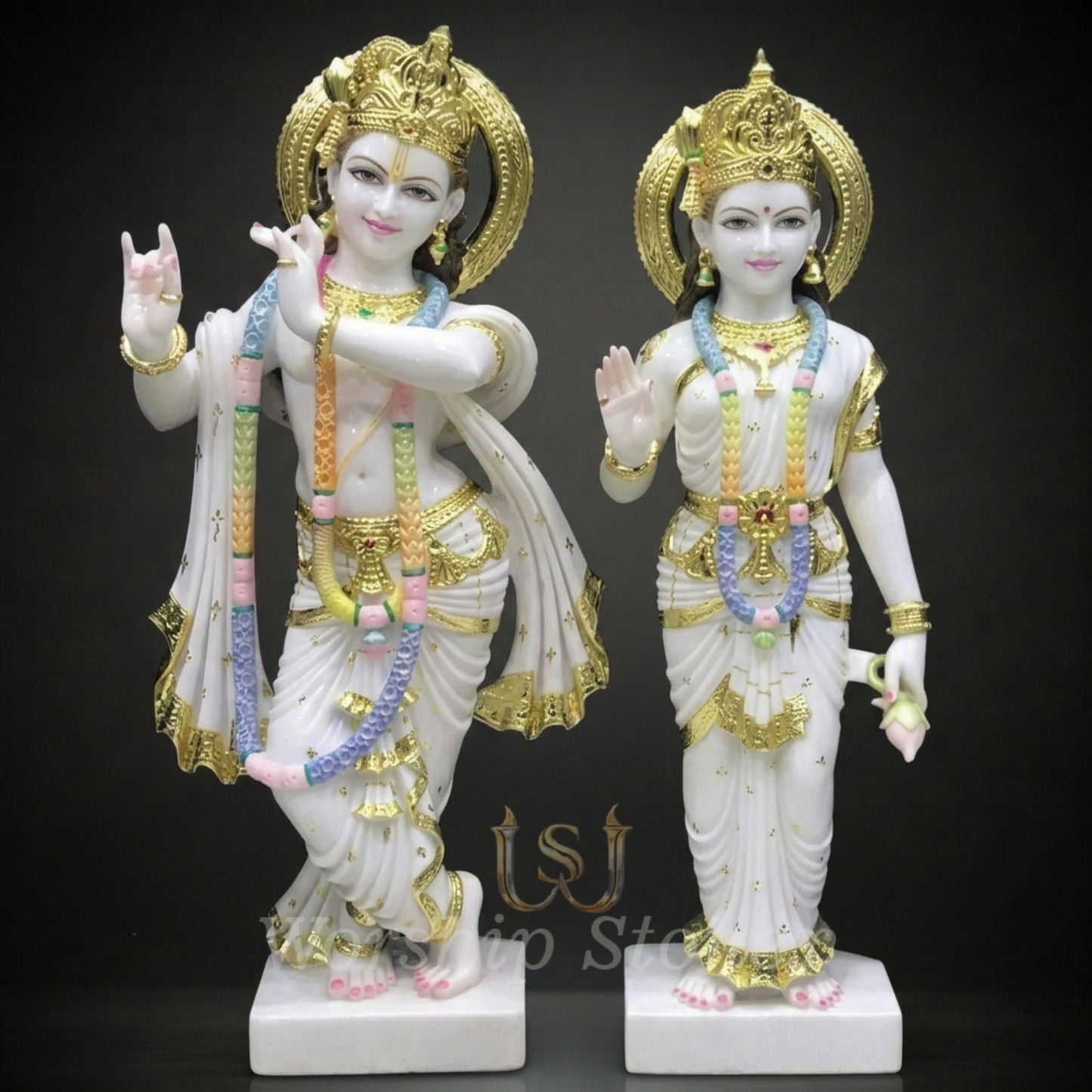 Premium White Marble Radha Krishna Statue Set with Golden Work – Elegant Hand-Painted Divine Jugal Jodi Idols for Home Mandir & Gifting