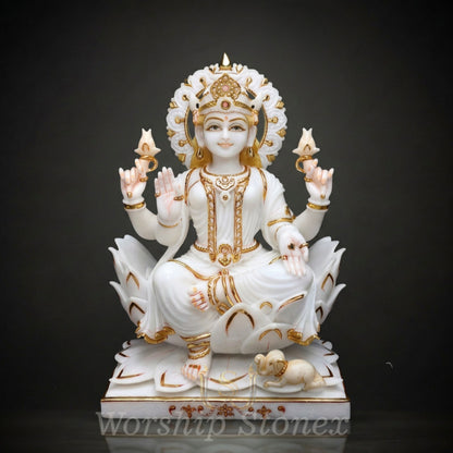 White Marble Goddess Lakshmi Statue with Gold Highlights