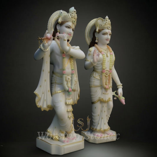 Elegant White Marble Radha Krishna Statue Set with Golden Accents – Handcrafted Jugal Jodi Idols