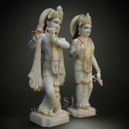 Elegant White Marble Radha Krishna Statue Set with Golden Accents – Handcrafted Jugal Jodi Idols