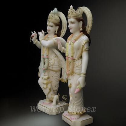 Elegant White Marble Radha Krishna Statue Set with Golden Accents – Handcrafted Jugal Jodi Idols