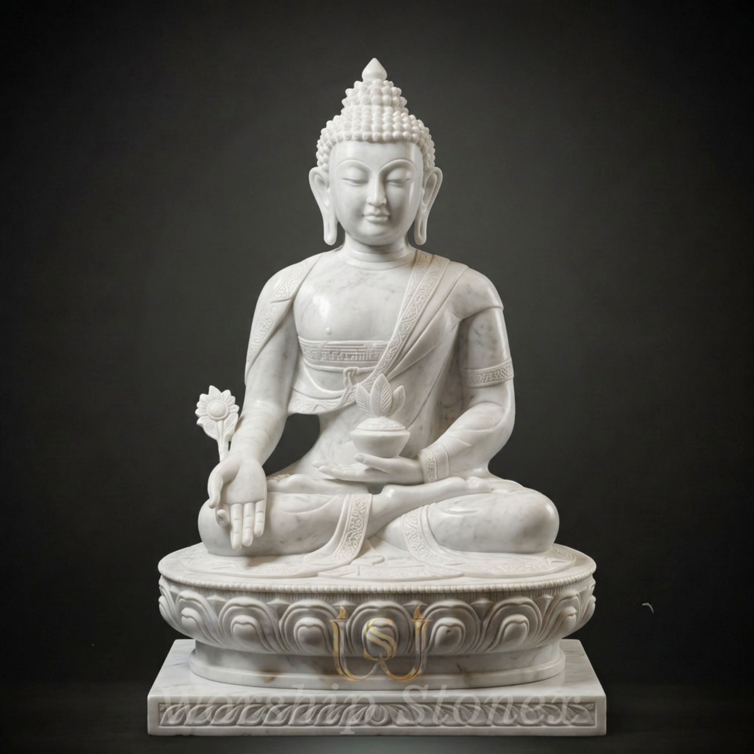 Handcrafted White Marble Medicine Buddha Statue (Bhaisajyaguru)