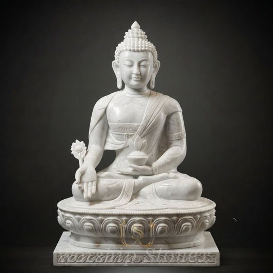 Handcrafted White Marble Medicine Buddha Statue (Bhaisajyaguru)