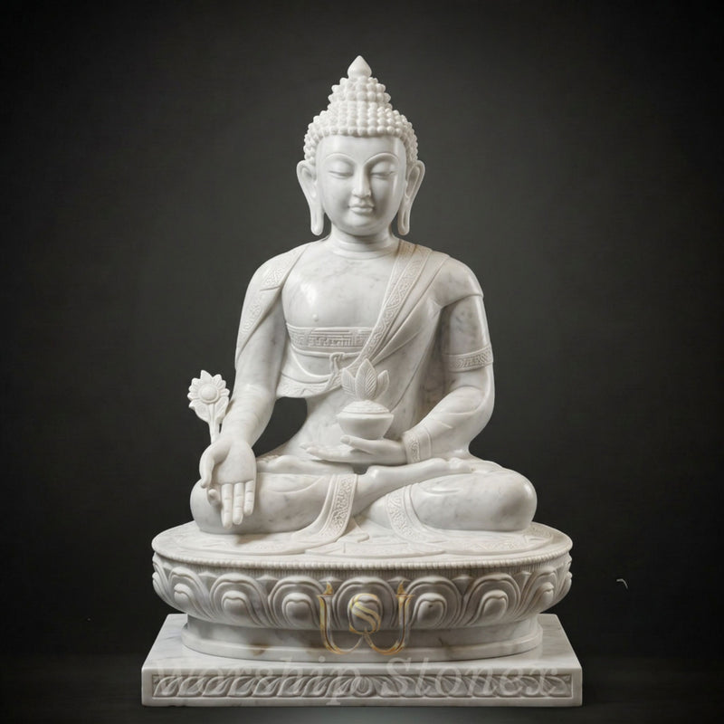Handcrafted White Marble Medicine Buddha Statue (Bhaisajyaguru)
