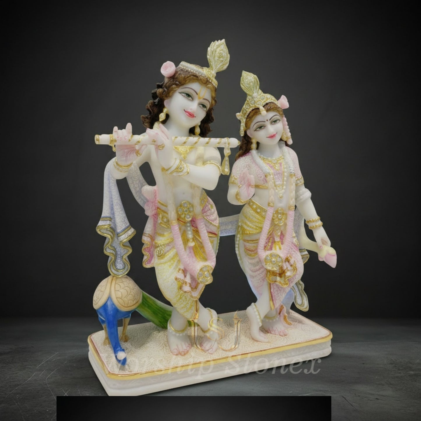 Premium Radha Krishna Marble Finish Idol with Peacock for Home Décor