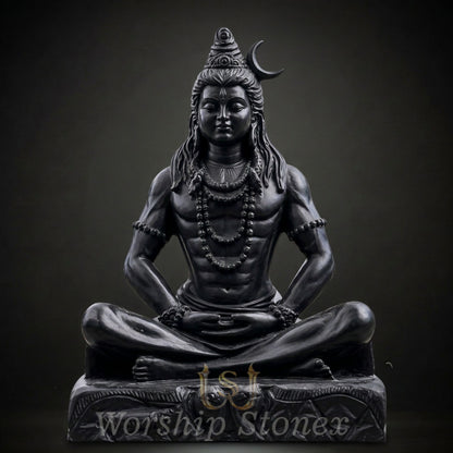 Black Marble Meditating Shiva Statue with Divine Handcrafted Detailing
