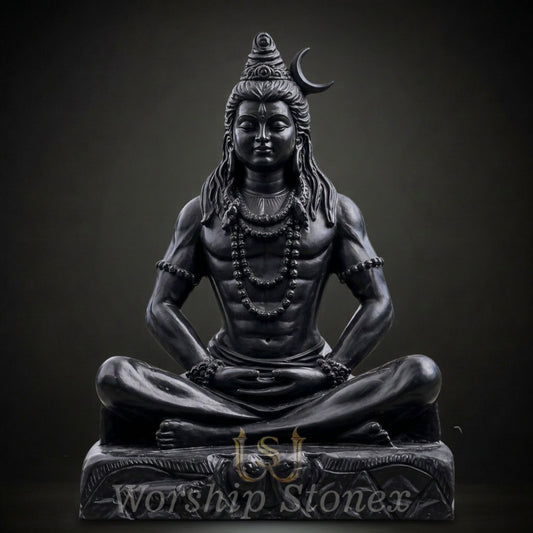 Black Marble Meditating Shiva Statue with Divine Handcrafted Detailing