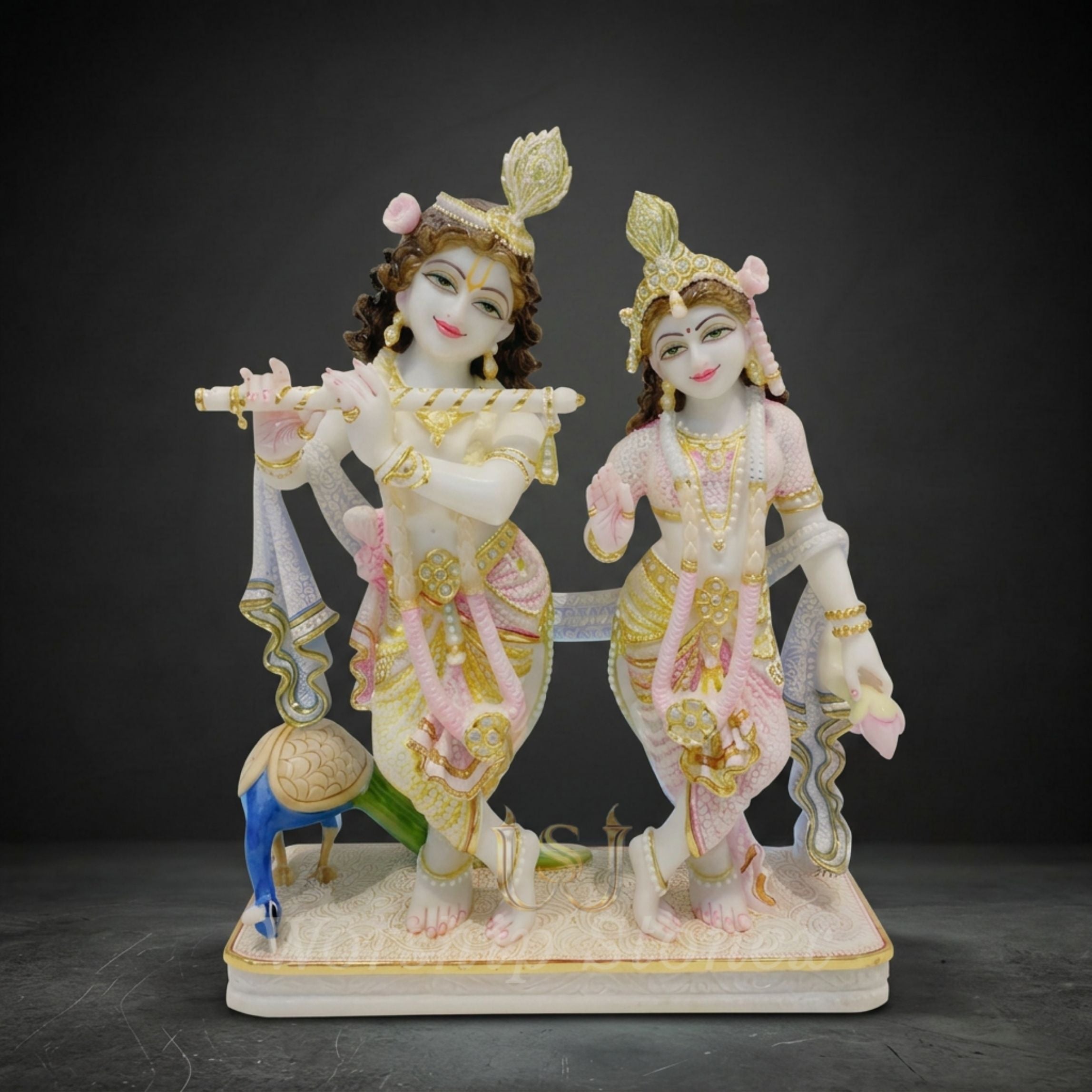 Premium Radha Krishna Marble Finish Idol with Peacock for Home Décor