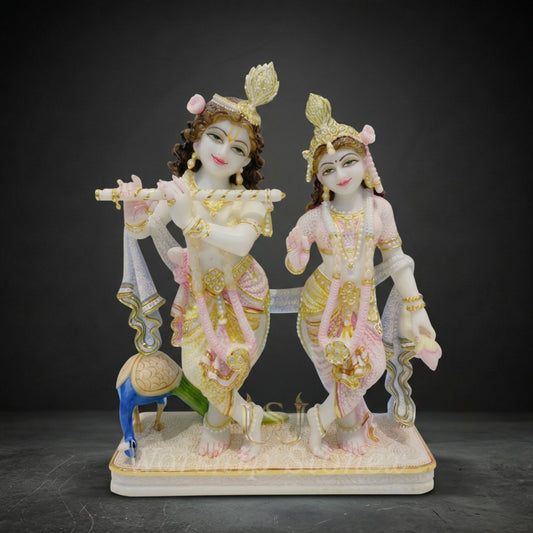 Premium Radha Krishna Marble Finish Idol with Peacock for Home Décor