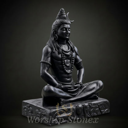 Black Marble Meditating Shiva Statue with Divine Handcrafted Detailing