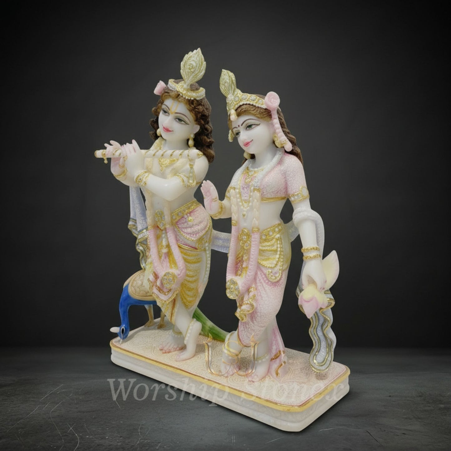 Premium Radha Krishna Marble Finish Idol with Peacock for Home Décor