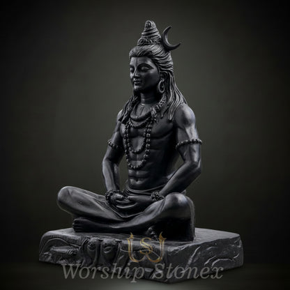 Black Marble Meditating Shiva Statue with Divine Handcrafted Detailing