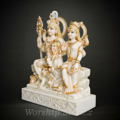 White Marble Shiv Parivar Statue with Golden Handcrafted Detailing