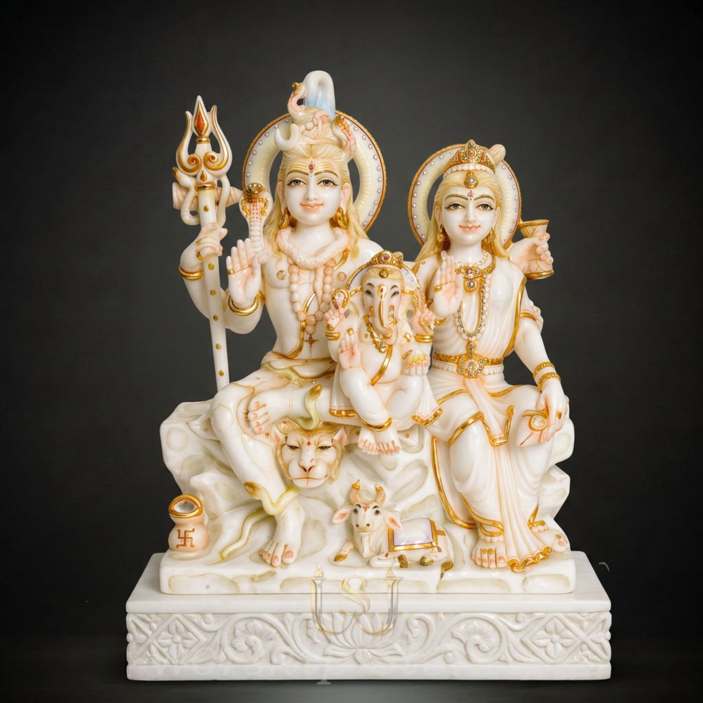 White Marble Shiv Parivar Statue with Golden Handcrafted Detailing