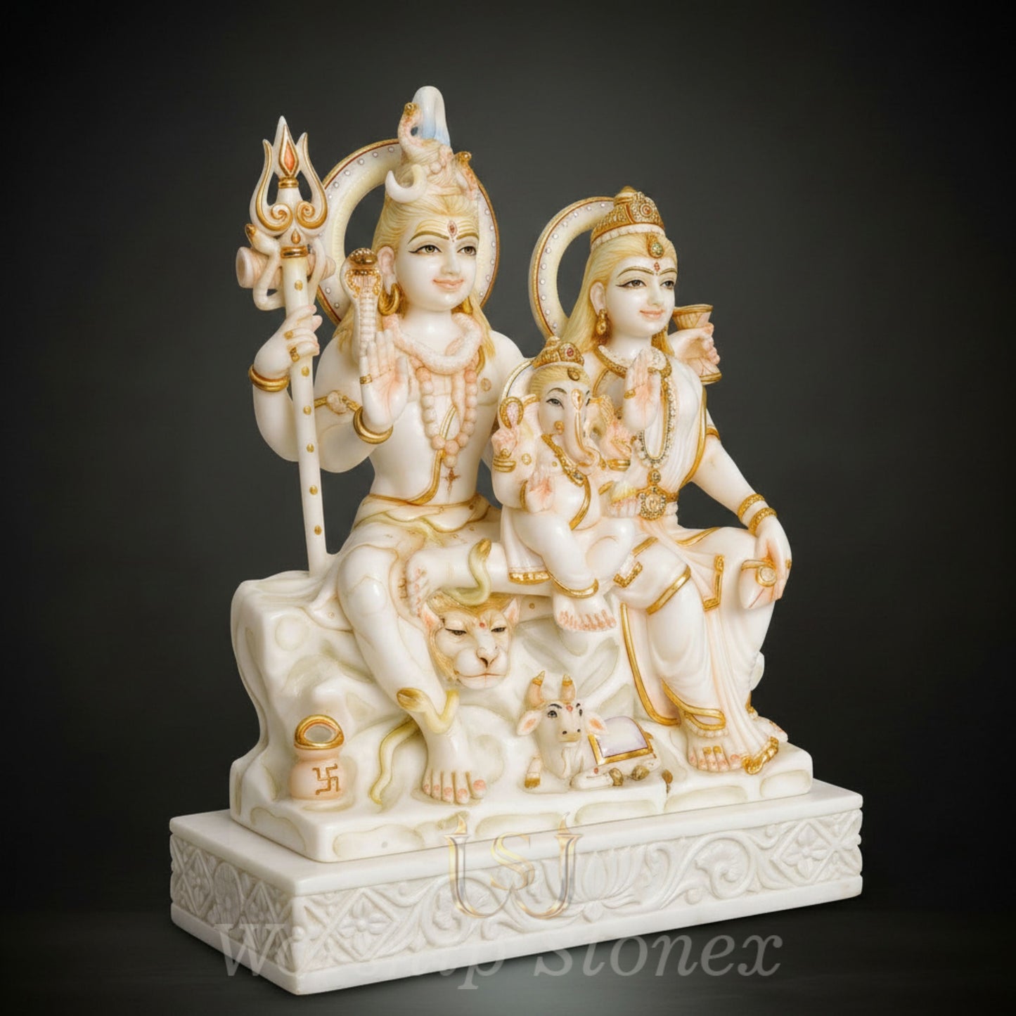 White Marble Shiv Parivar Statue with Golden Handcrafted Detailing