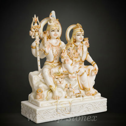 White Marble Shiv Parivar Statue with Golden Handcrafted Detailing