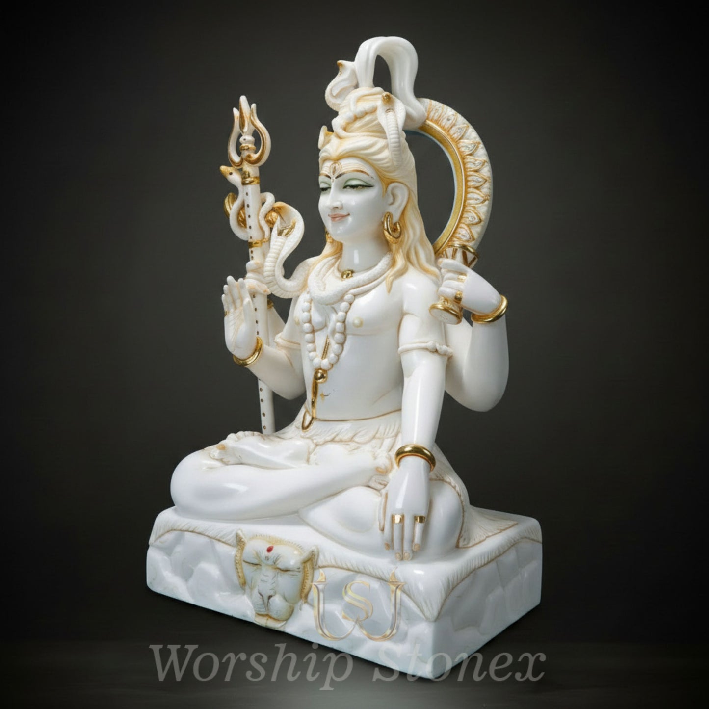 White Marble Meditating Shiva Statue with Elegant Gold Detailing